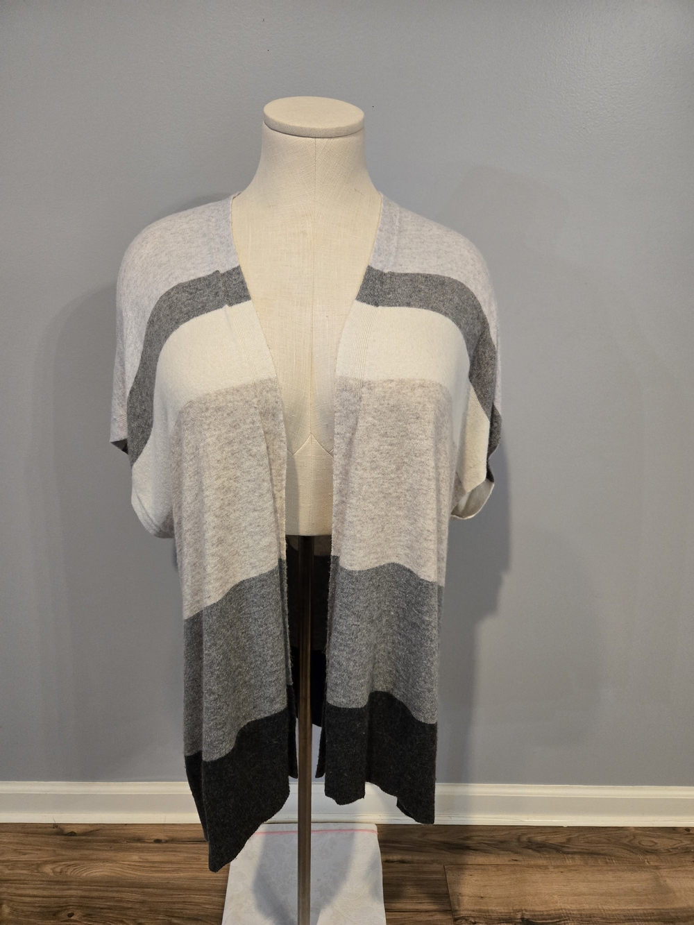 LOFT Gray, Light Gray & White Striped Open-Front Cardigan